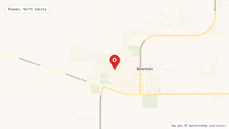 Street map of Bowman, North Dakota with location pin