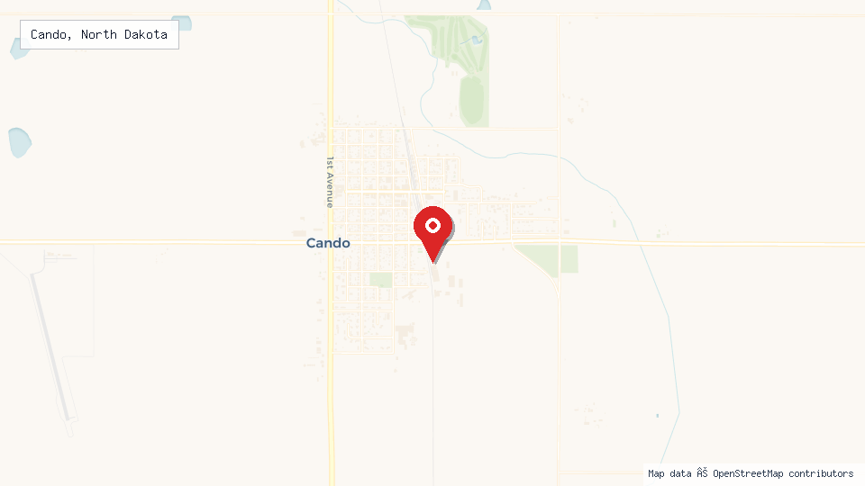 Street map of Cando, North Dakota with location pin