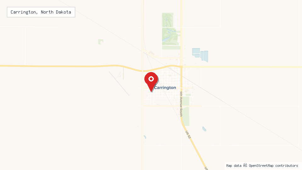 Street map of Carrington, North Dakota with location pin