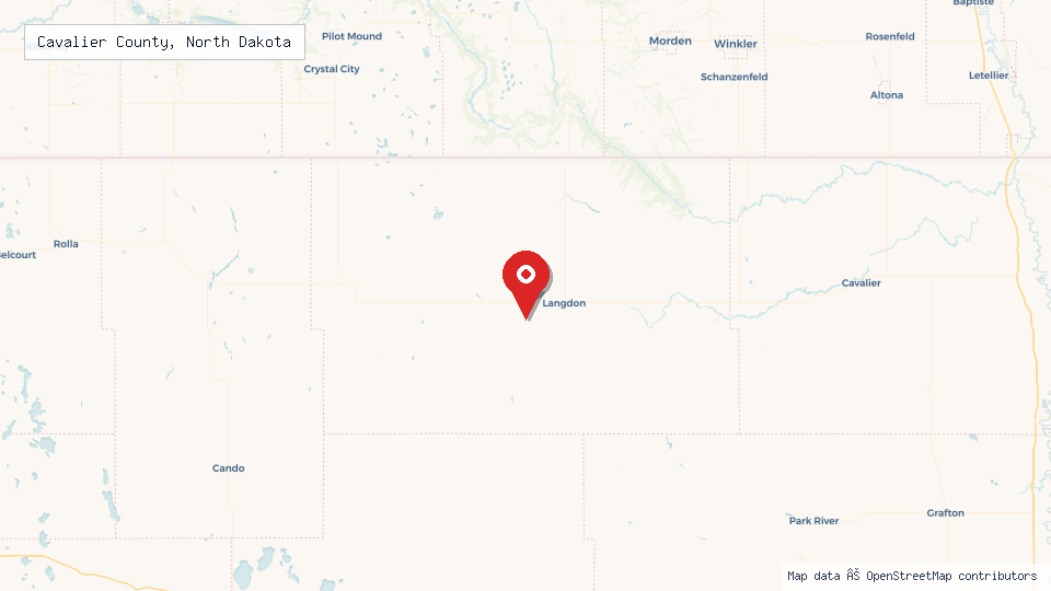 Street map of Cavalier County, North Dakota with location pin