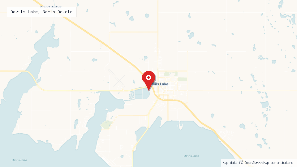 Street map of Devils Lake, North Dakota with location pin