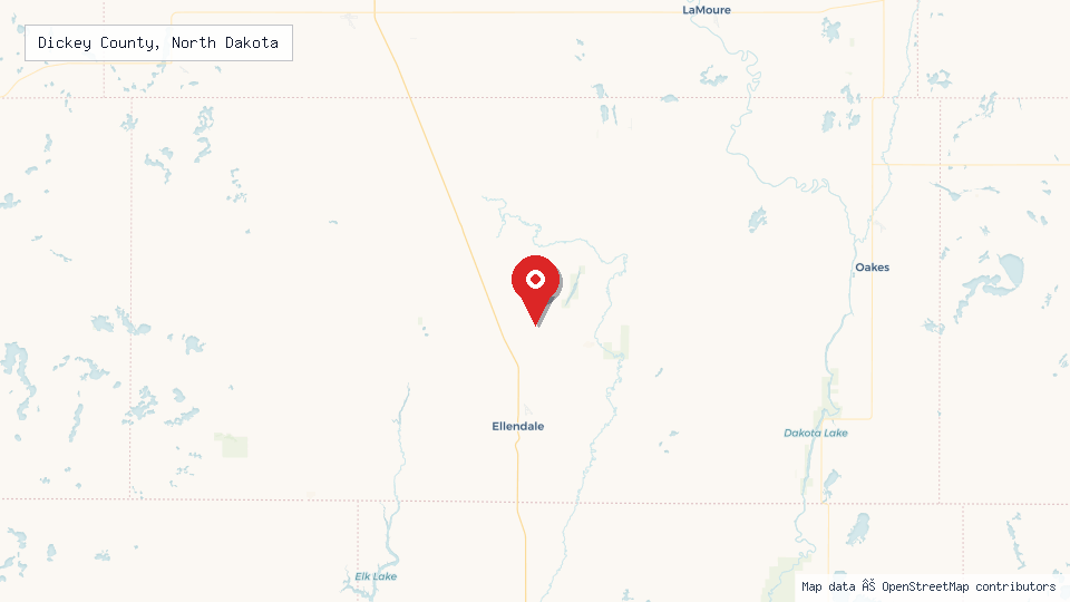 Street map of Dickey County, North Dakota with location pin