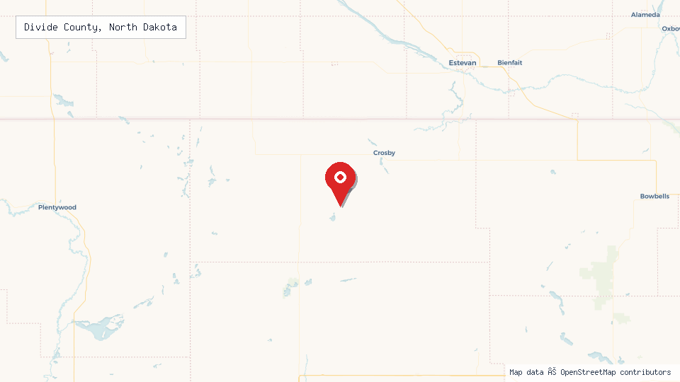 Street map of Divide County, North Dakota with location pin
