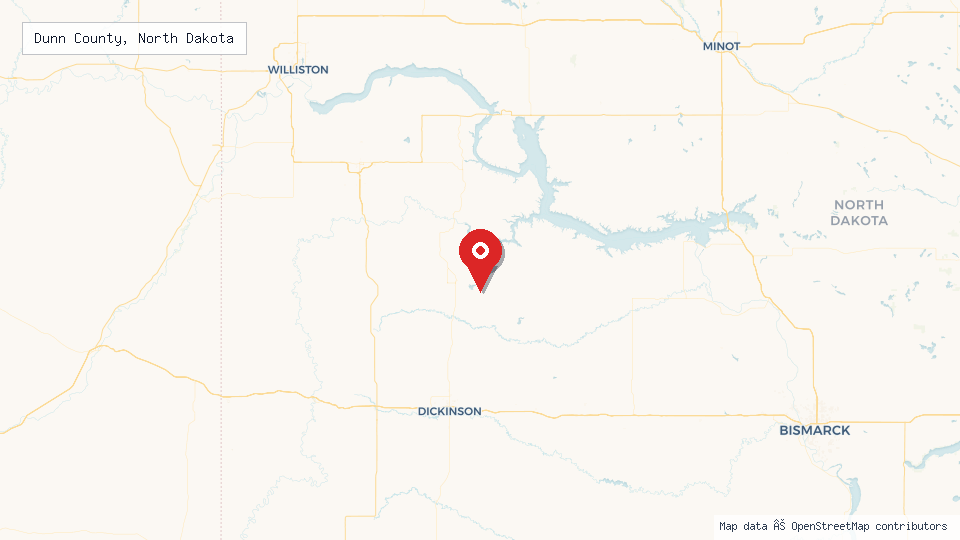 Street map of Dunn County, North Dakota with location pin