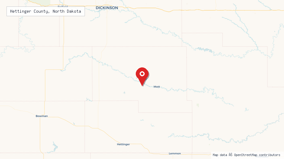 Street map of Hettinger County, North Dakota with location pin
