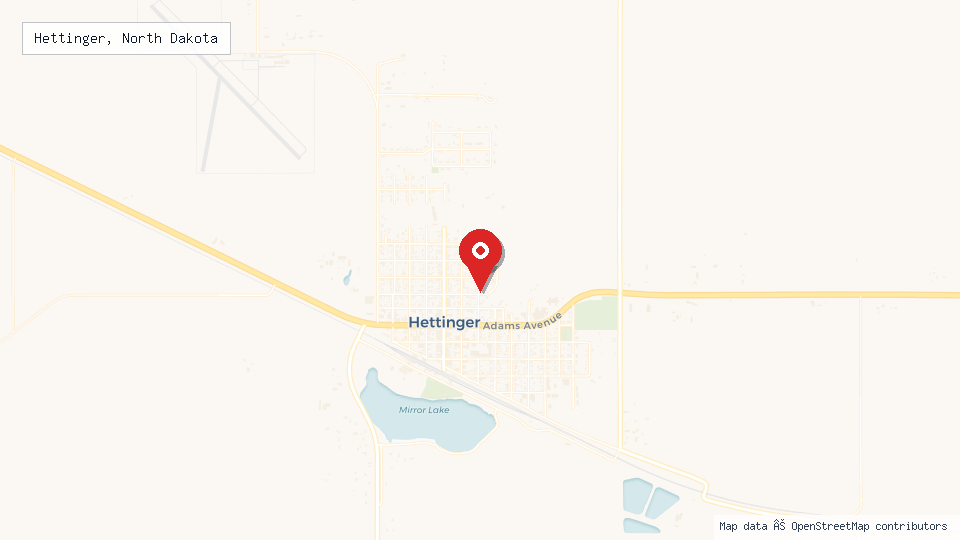 Street map of Hettinger, North Dakota with location pin