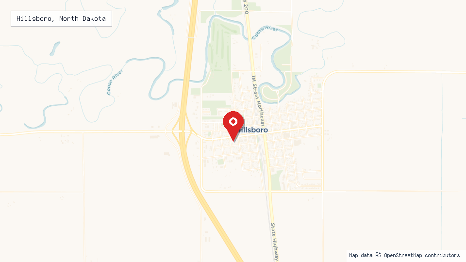 Street map of Hillsboro, North Dakota with location pin