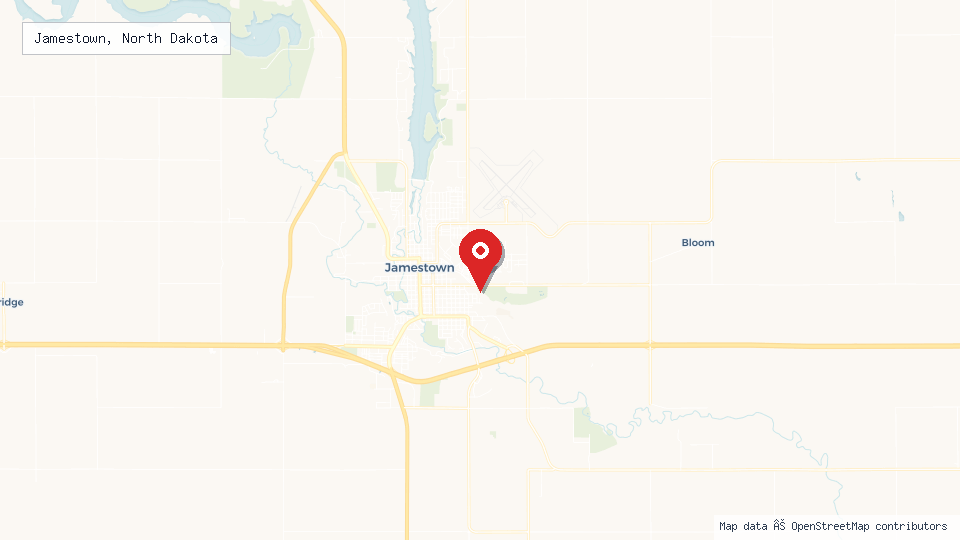 Street map of Jamestown, North Dakota with location pin