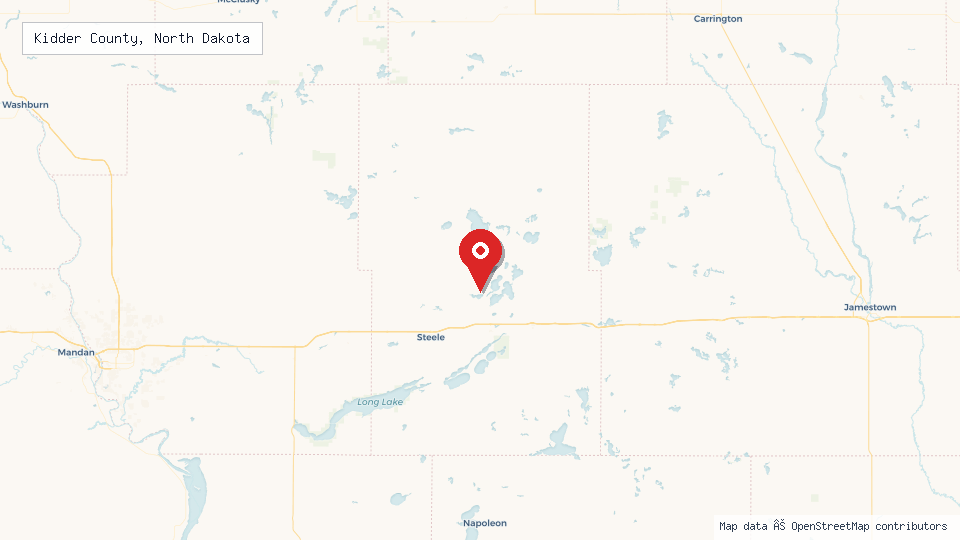 Street map of Kidder County, North Dakota with location pin