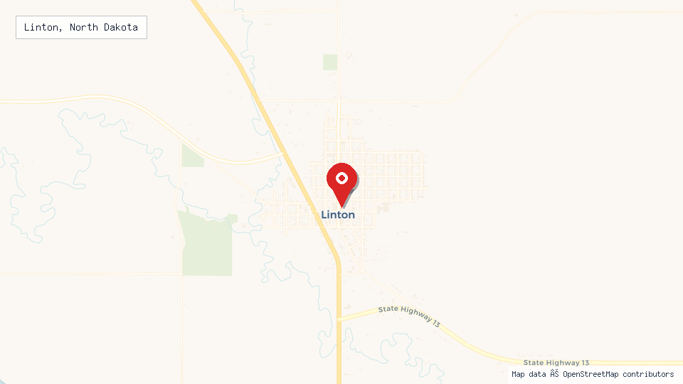Street map of Linton, North Dakota with location pin