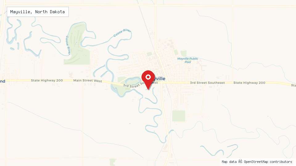 Street map of Mayville, North Dakota with location pin