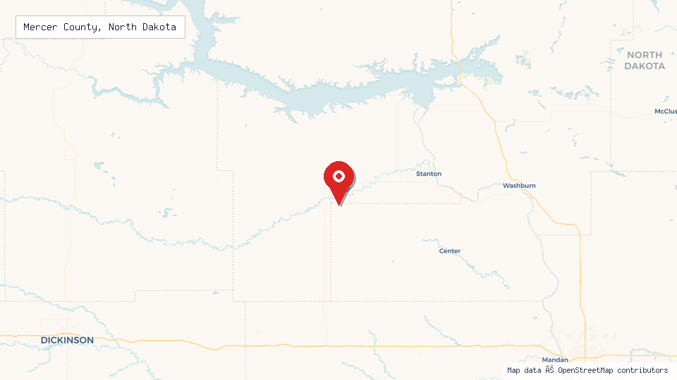 Street map of Mercer County, North Dakota with location pin