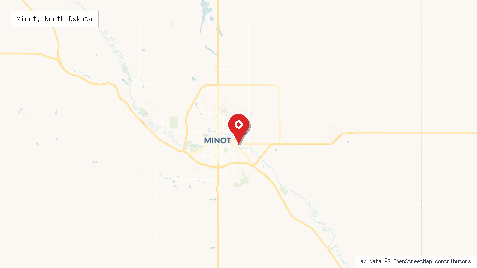 Street map of Minot, North Dakota with location pin