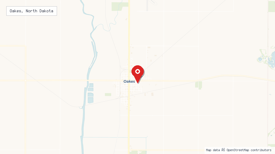 Street map of Oakes, North Dakota with location pin
