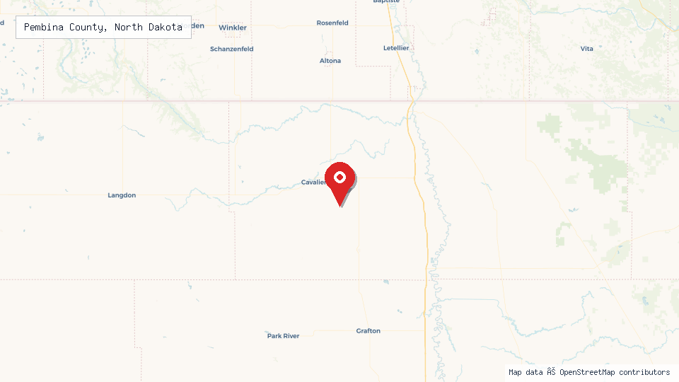 Street map of Pembina County, North Dakota with location pin