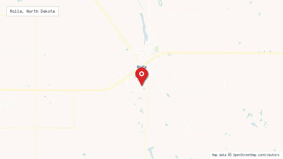 Street map of Rolla, North Dakota with location pin