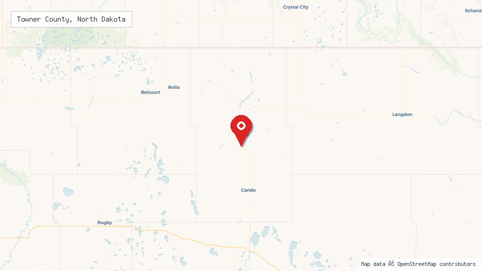 Street map of Towner County, North Dakota with location pin