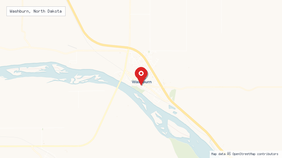 Street map of Washburn, North Dakota with location pin