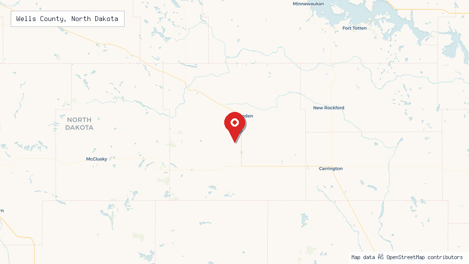 Street map of Wells County, North Dakota with location pin