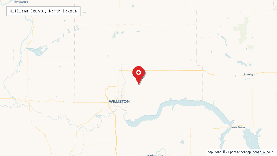 Street map of Williams County, North Dakota with location pin
