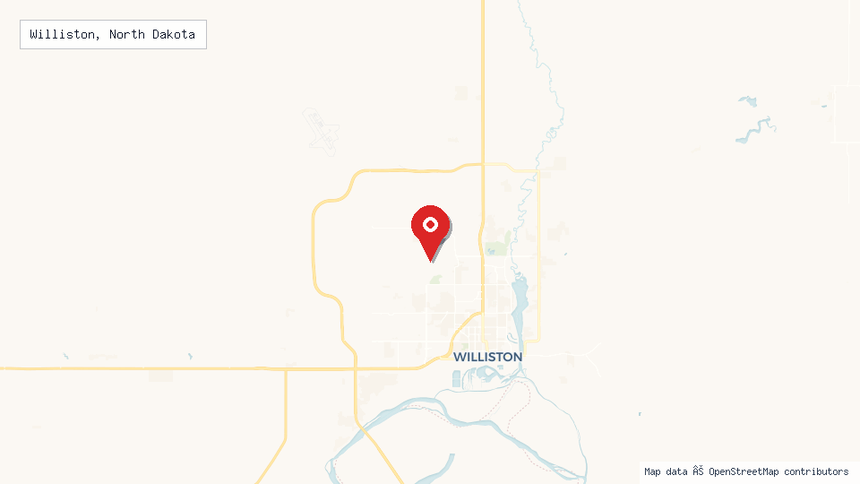 Street map of Williston, North Dakota with location pin