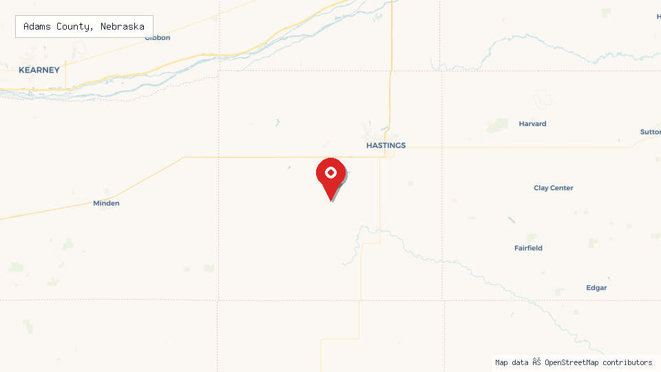 Street map of Adams County, Nebraska with location pin