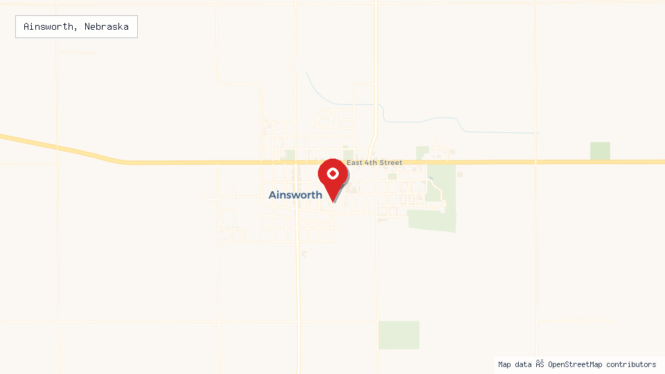 Street map of Ainsworth, Nebraska with location pin