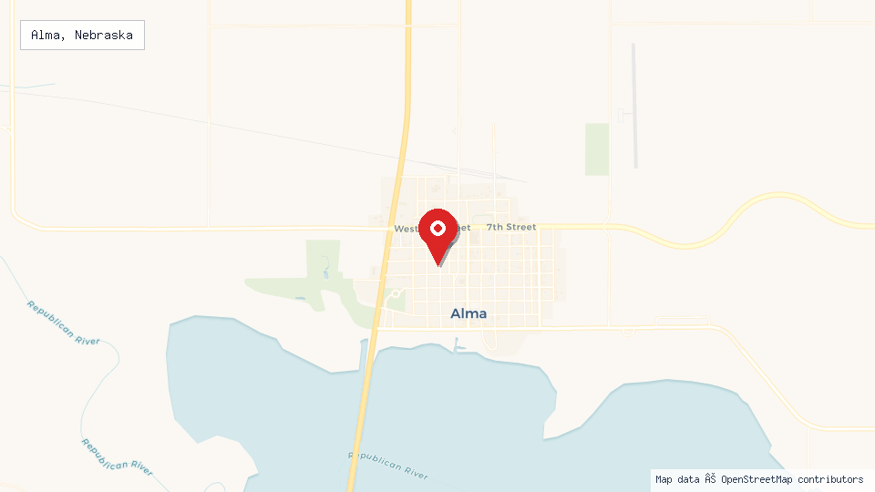 Street map of Alma, Nebraska with location pin
