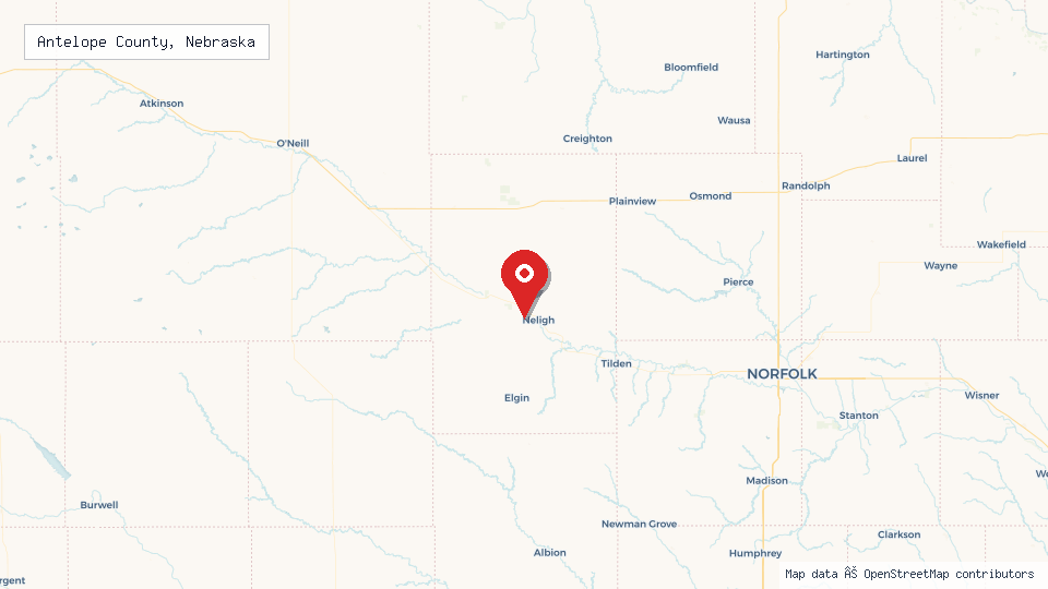 Street map of Antelope County, Nebraska with location pin