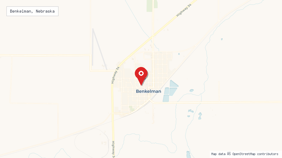 Street map of Benkelman, Nebraska with location pin