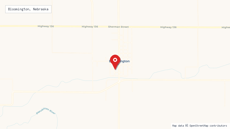 Street map of Bloomington, Nebraska with location pin