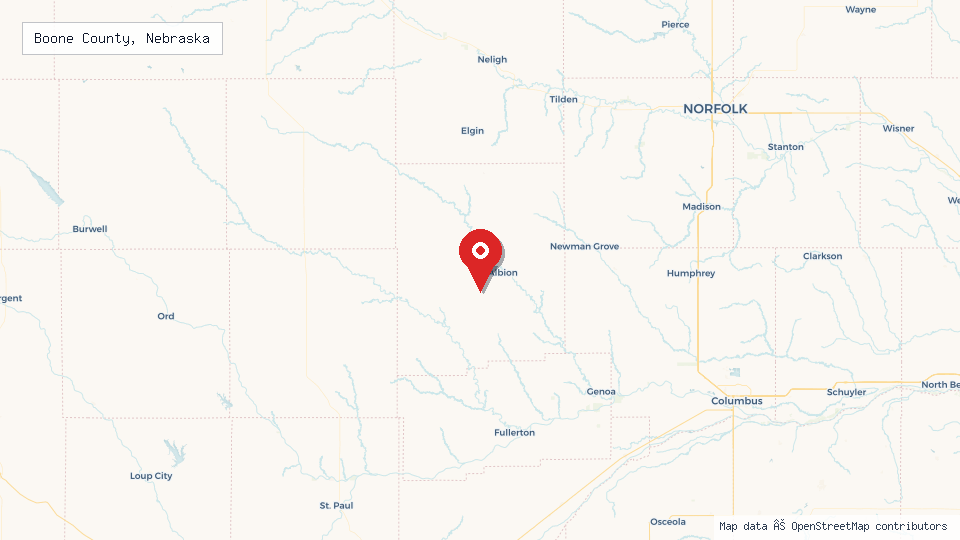 Street map of Boone County, Nebraska with location pin