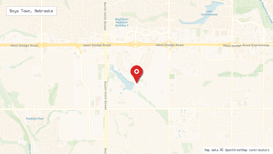 Street map of Boys Town, Nebraska with location pin
