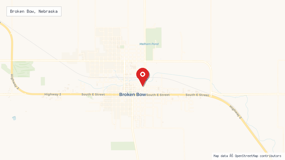 Street map of Broken Bow, Nebraska with location pin