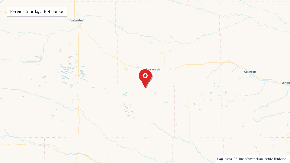 Street map of Brown County, Nebraska with location pin