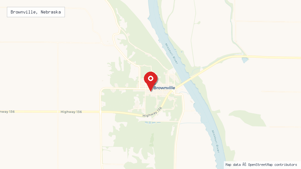 Street map of Brownville, Nebraska with location pin