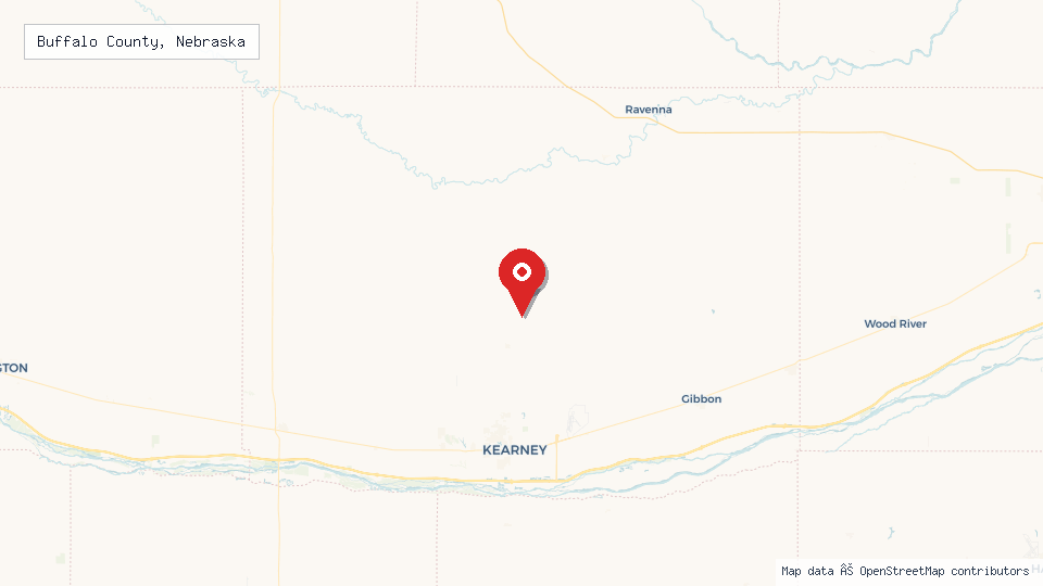 Street map of Buffalo County, Nebraska with location pin