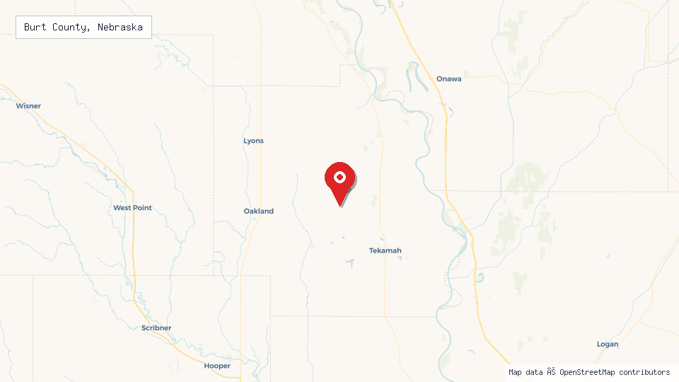 Street map of Burt County, Nebraska with location pin