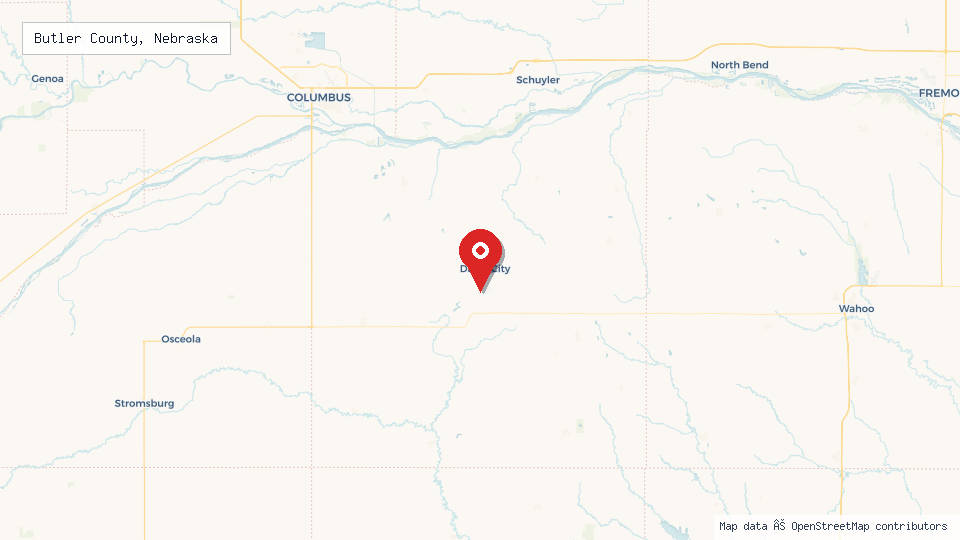 Street map of Butler County, Nebraska with location pin