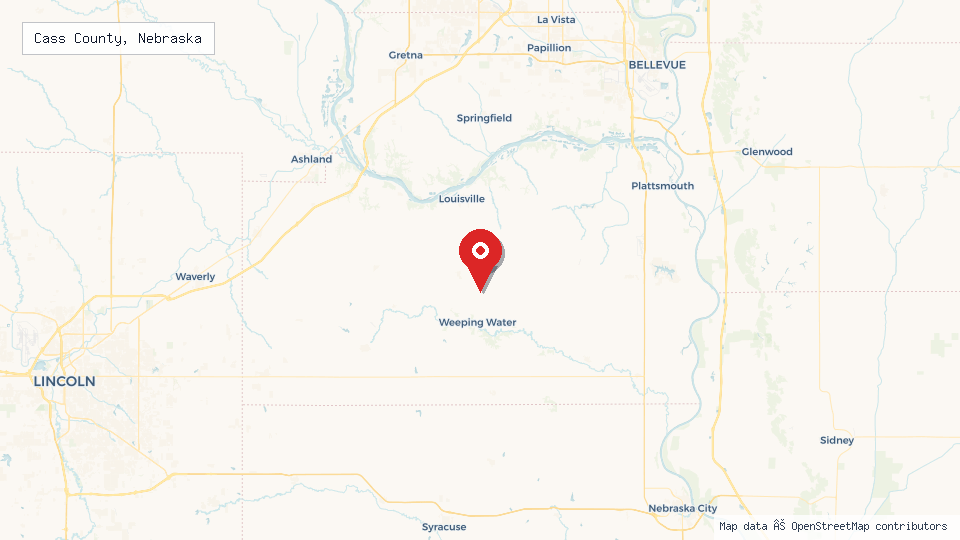 Street map of Cass County, Nebraska with location pin