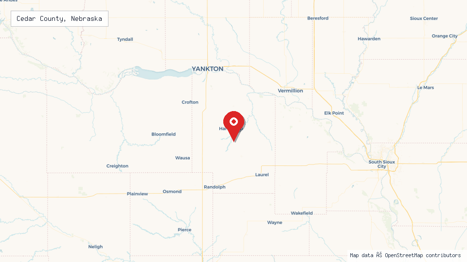 Street map of Cedar County, Nebraska with location pin