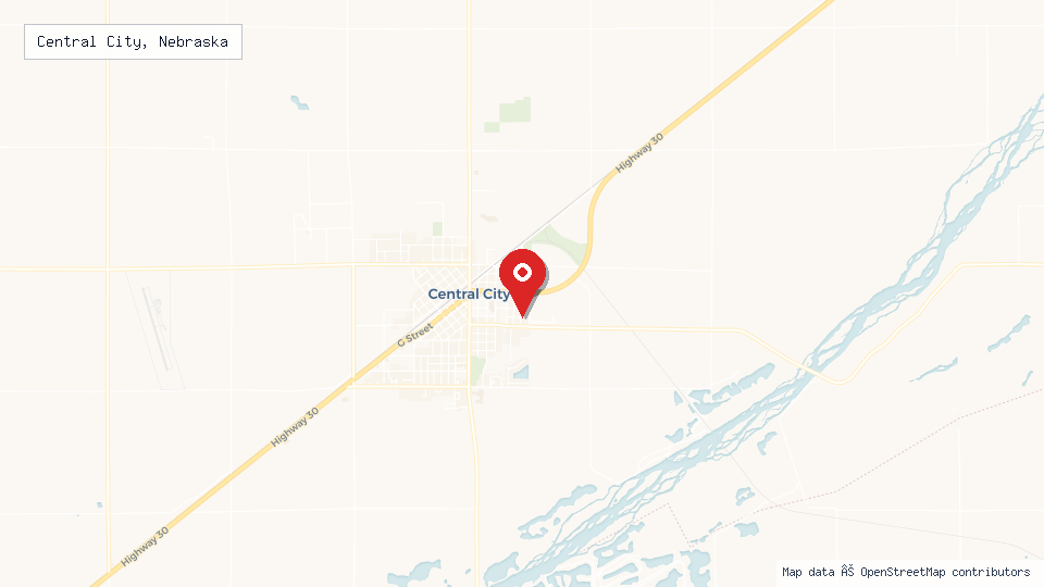 Street map of Central City, Nebraska with location pin