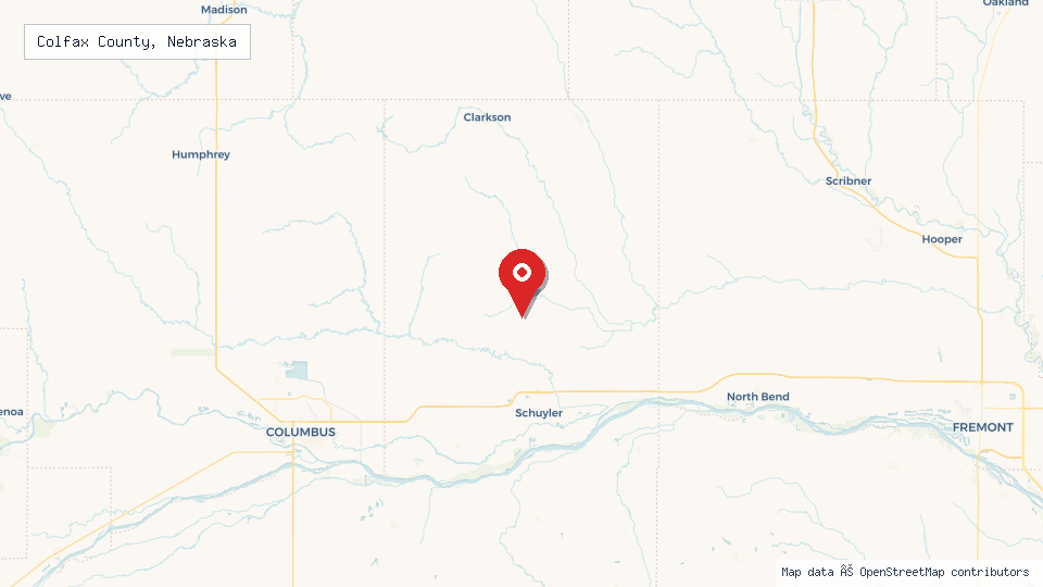 Street map of Colfax County, Nebraska with location pin