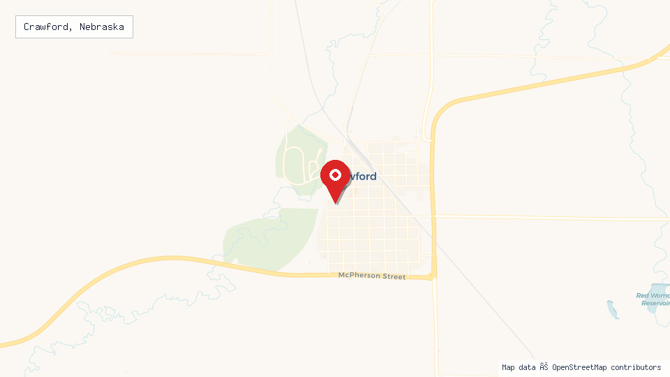 Street map of Crawford, Nebraska with location pin