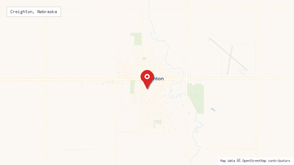 Street map of Creighton, Nebraska with location pin