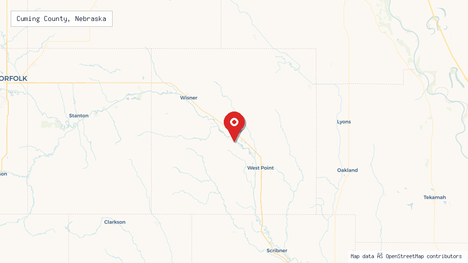 Street map of Cuming County, Nebraska with location pin