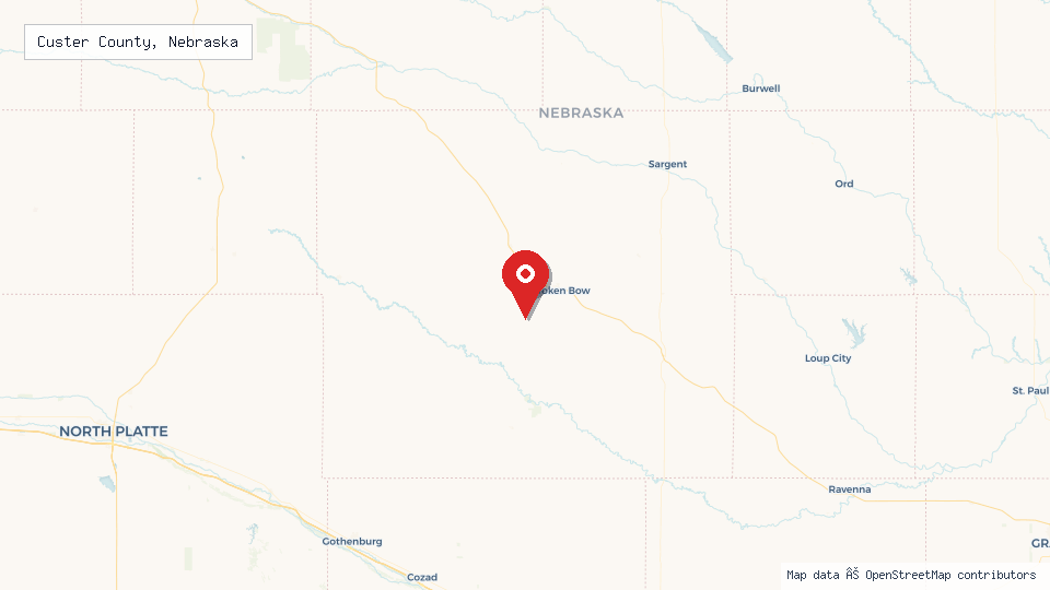 Street map of Custer County, Nebraska with location pin