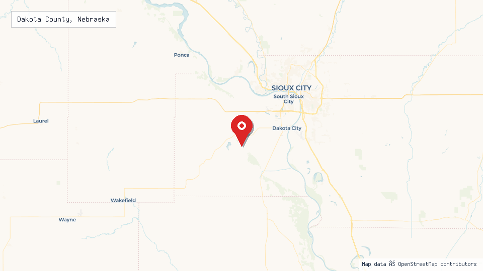 Street map of Dakota County, Nebraska with location pin