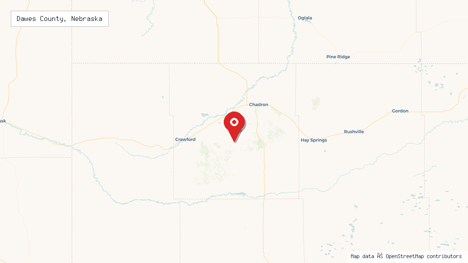 Street map of Dawes County, Nebraska with location pin