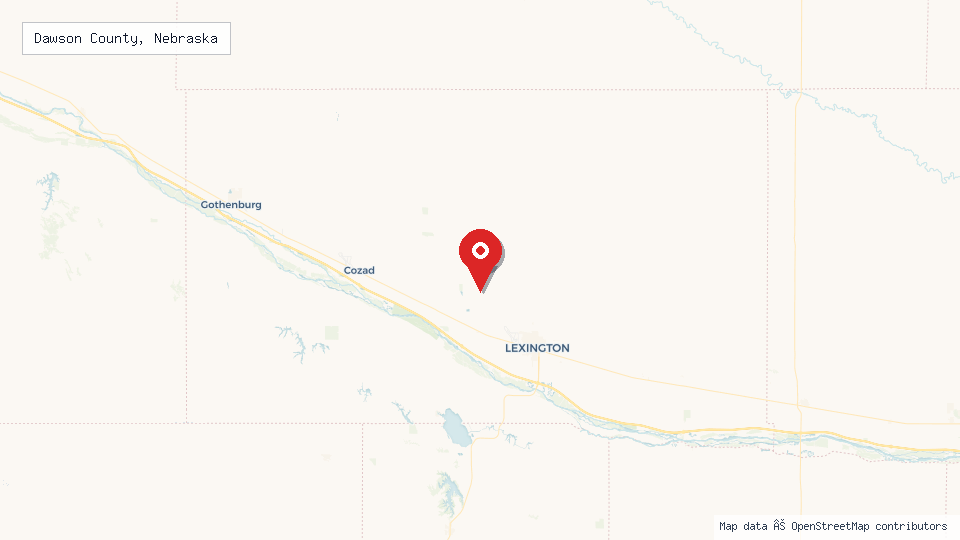 Street map of Dawson County, Nebraska with location pin